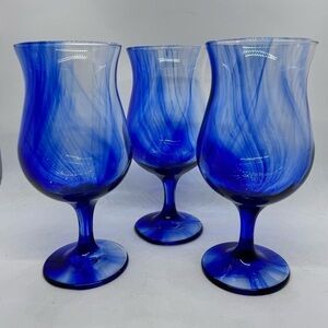 Vintage Libbey Hand Blown Cobalt Blue Swirl Poco Grande Tulip Stemware Set Of 3
